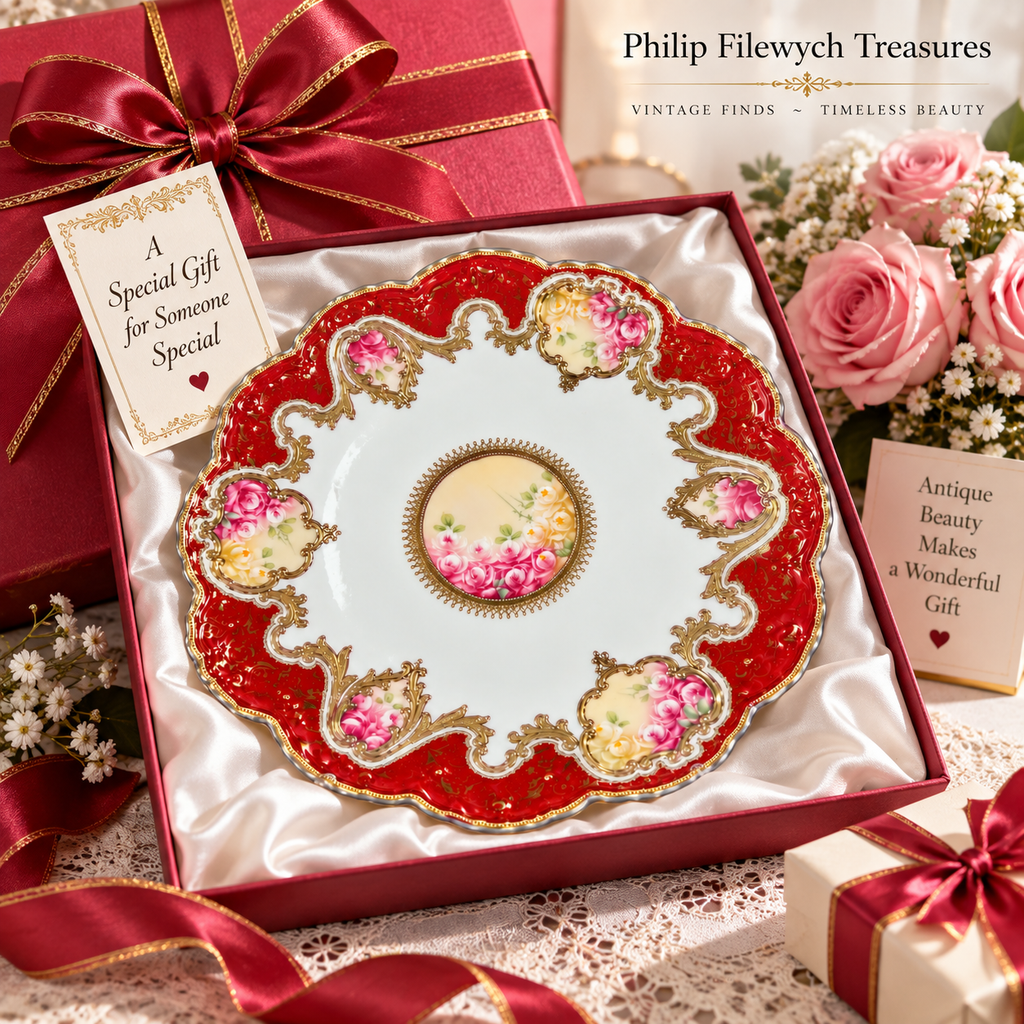 Plate-05--Antique French Hand-Painted Porcelain Plate Fuchsia Roses Red Gold Gilt Made in France c.1900