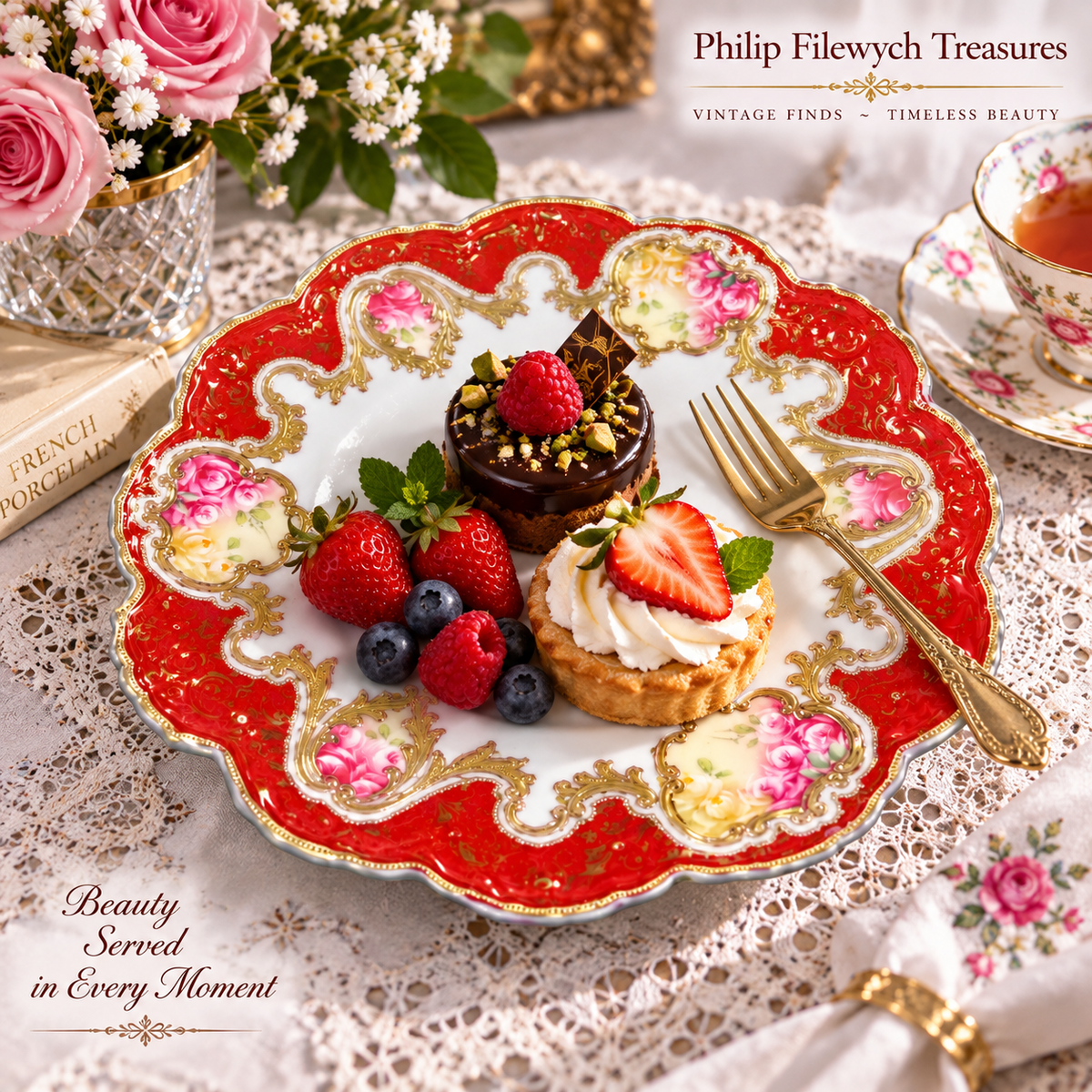 Plate-05--Antique French Hand-Painted Porcelain Plate Fuchsia Roses Red Gold Gilt Made in France c.1900