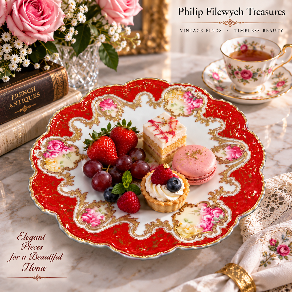Plate-05--Antique French Hand-Painted Porcelain Plate Fuchsia Roses Red Gold Gilt Made in France c.1900