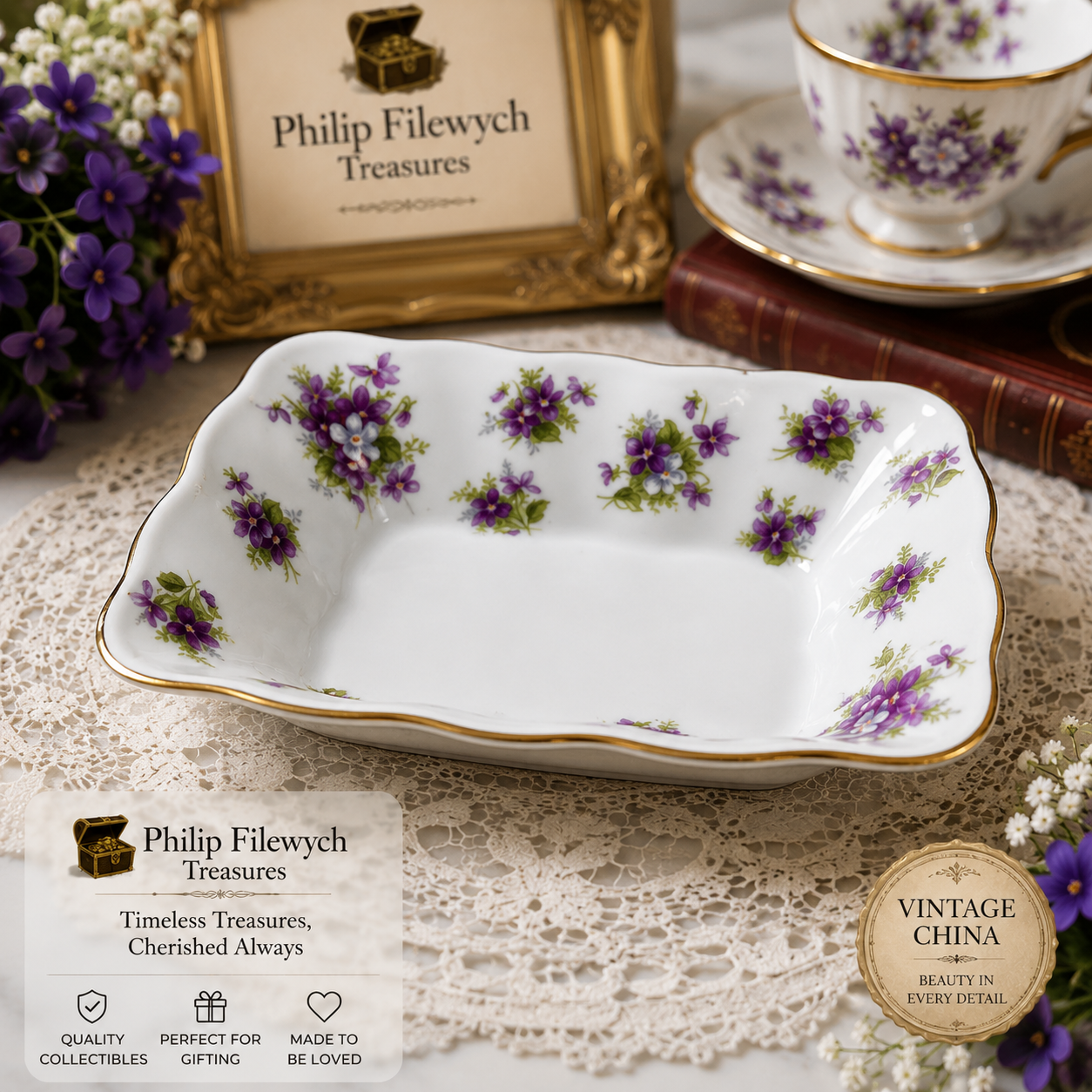 RA-Sweet-V--Royal Albert Sweet Violets Bone China Sweet Meat Tidbit Dish Made in England Floral Gold Edge