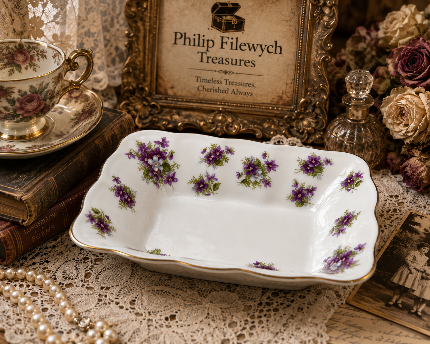 RA-Sweet-V--Royal Albert Sweet Violets Bone China Sweet Meat Tidbit Dish Made in England Floral Gold Edge