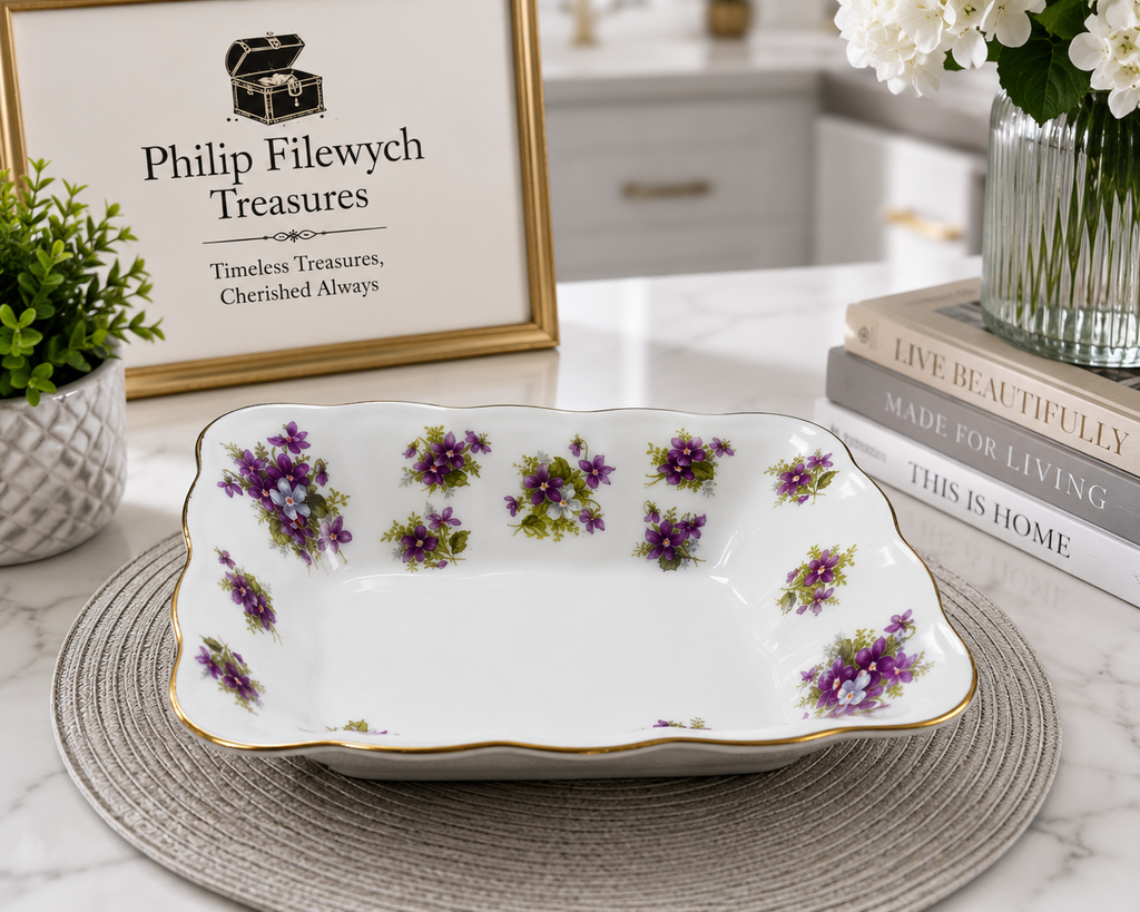 RA-Sweet-V--Royal Albert Sweet Violets Bone China Sweet Meat Tidbit Dish Made in England Floral Gold Edge