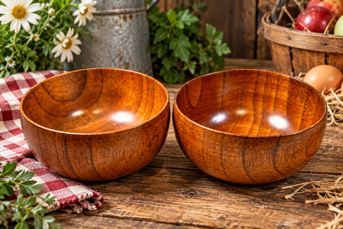 RB-10 wood turned bowl displayed in a rustic farm setting