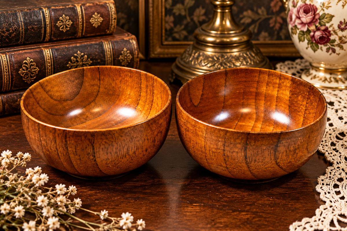 RB-10 vintage wood turned bowl displayed in a vintage setting