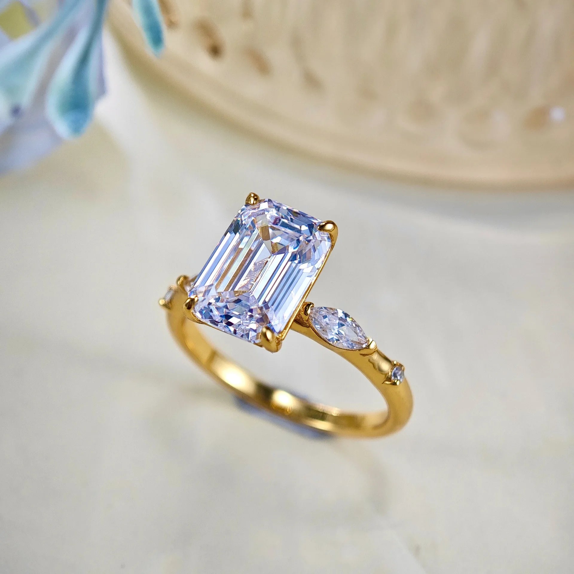 Ring-46--18K Gold Moissanite Ring | Emerald Cut Moissanite Engagement Ring | Certified GR Ring | Fine Jewelry