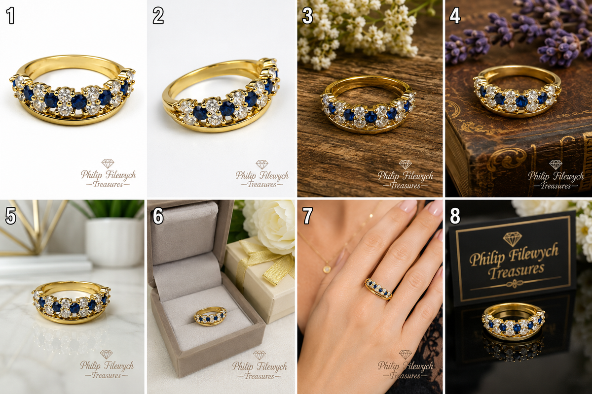 Ring-43A--Vintage Gold Plated Blue & Clear CZ Ring – Size 7