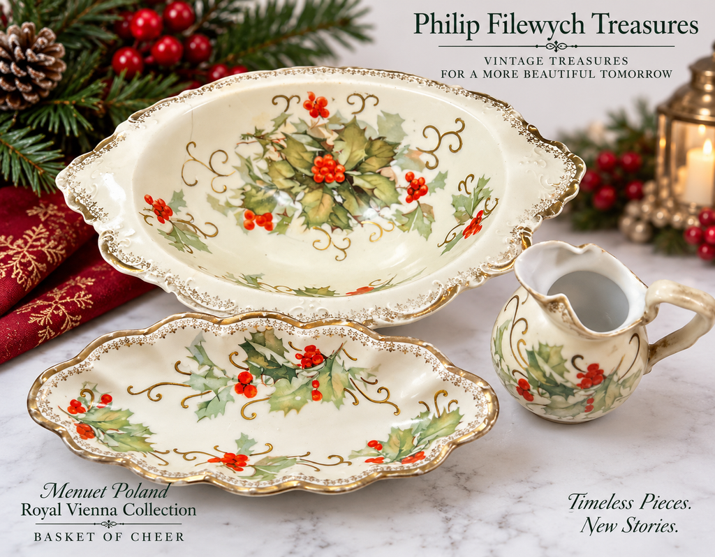RV-10--Vintage Menuet Poland Royal Vienna Basket of Cheer 3-Piece Porcelain Serving Set Holly Berry Gold Trim