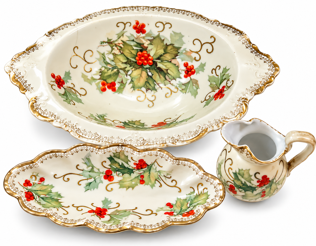 RV-10--Vintage Menuet Poland Royal Vienna Basket of Cheer 3-Piece Porcelain Serving Set Holly Berry Gold Trim