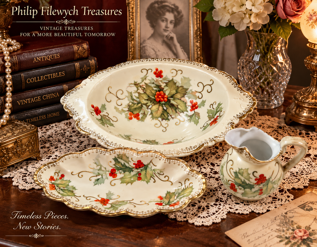 RV-10--Vintage Menuet Poland Royal Vienna Basket of Cheer 3-Piece Porcelain Serving Set Holly Berry Gold Trim
