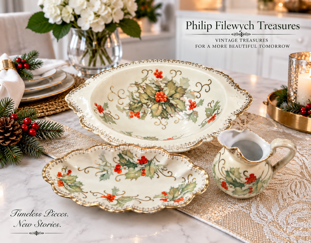 RV-10--Vintage Menuet Poland Royal Vienna Basket of Cheer 3-Piece Porcelain Serving Set Holly Berry Gold Trim