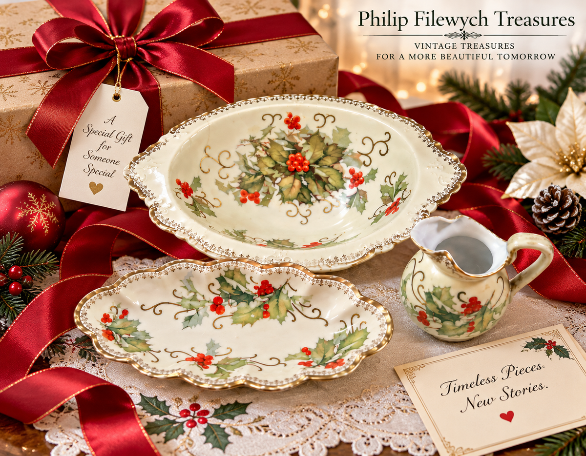 RV-10--Vintage Menuet Poland Royal Vienna Basket of Cheer 3-Piece Porcelain Serving Set Holly Berry Gold Trim