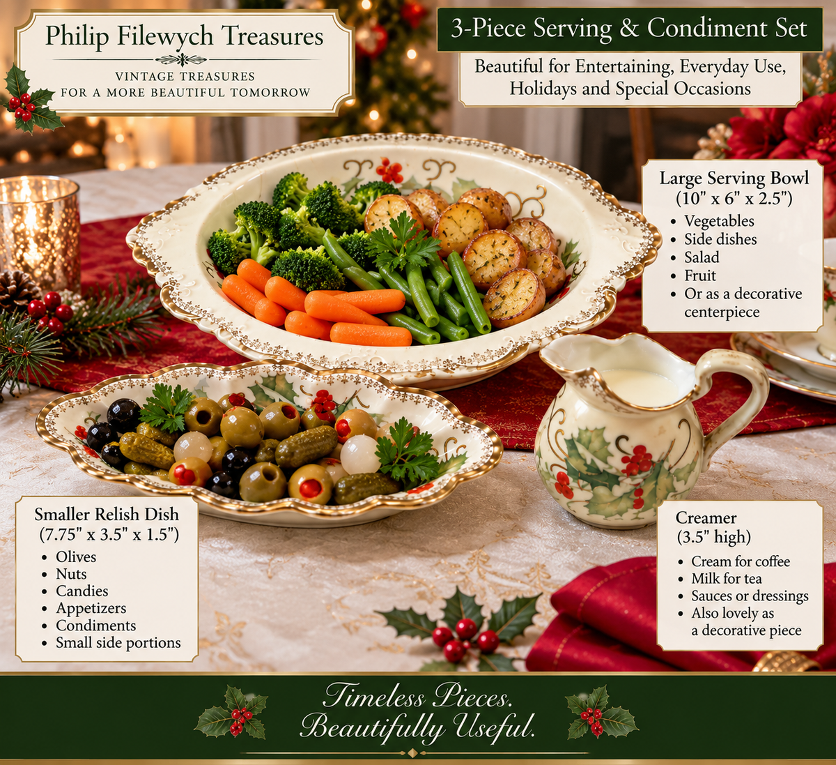 RV-10--Vintage Menuet Poland Royal Vienna Basket of Cheer 3-Piece Porcelain Serving Set Holly Berry Gold Trim