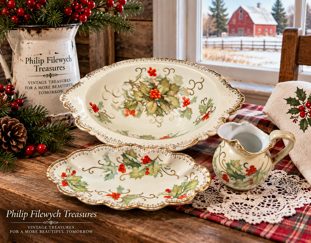 RV-10--Vintage Menuet Poland Royal Vienna Basket of Cheer 3-Piece Porcelain Serving Set Holly Berry Gold Trim