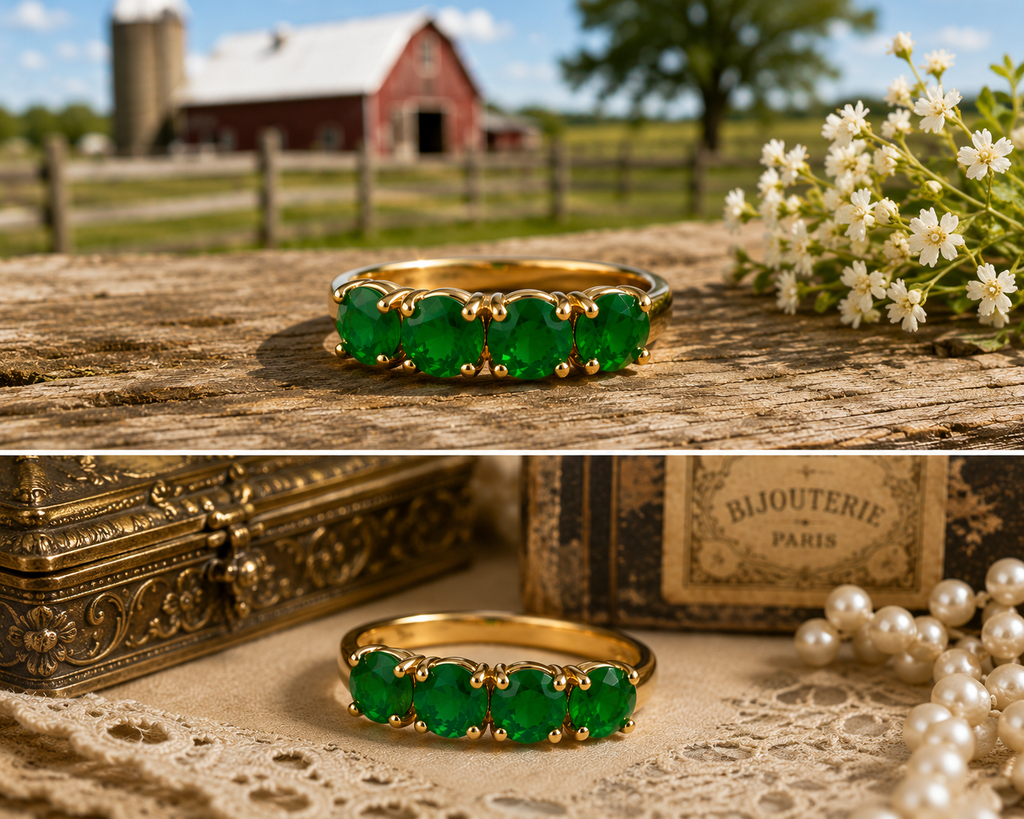 Ring-46--14K Gold 585 Emerald Green CZ Five Stone Cocktail Ring - Size 7