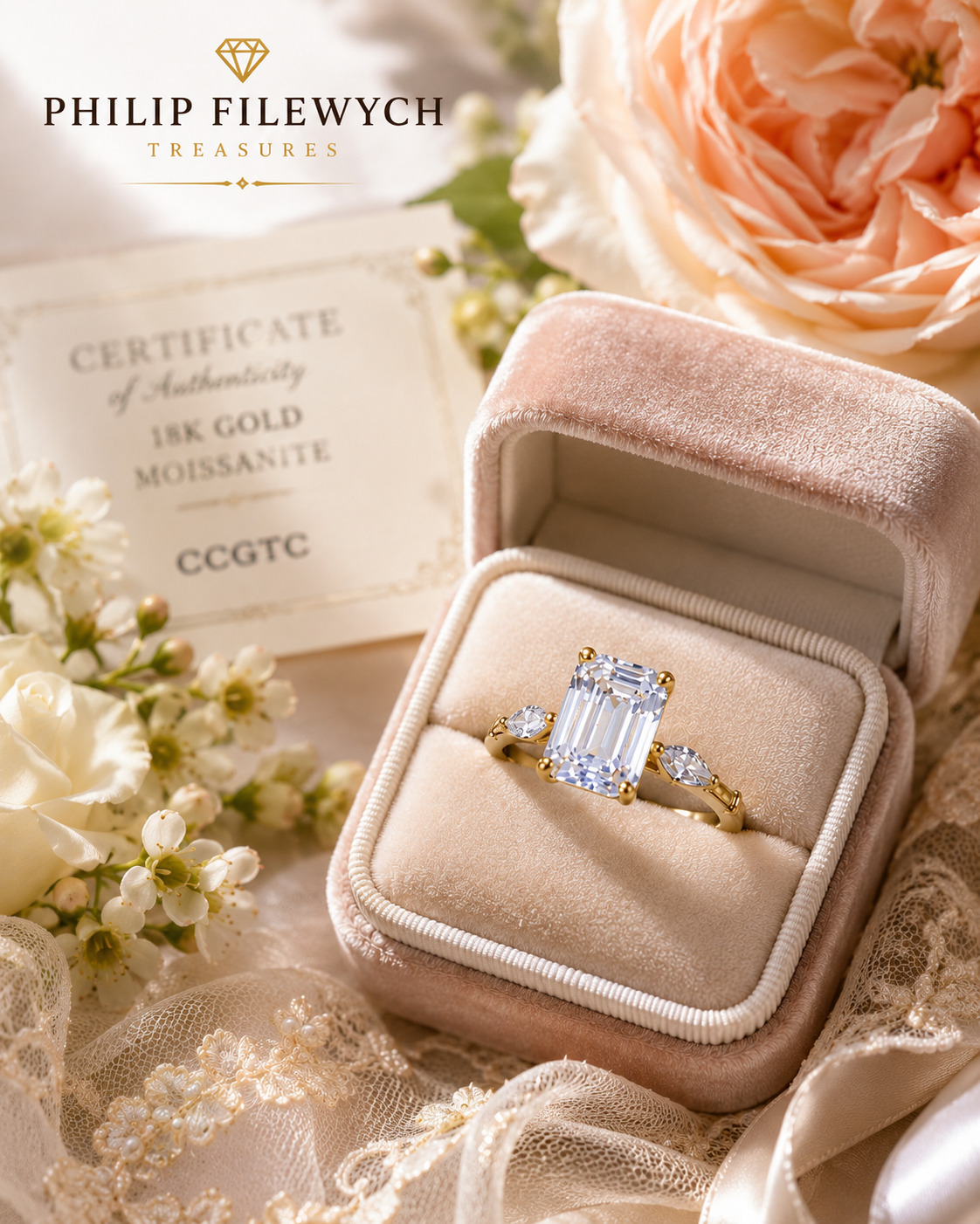 Ring-46--18K Gold Moissanite Ring | Emerald Cut Moissanite Engagement Ring | Certified GR Ring | Fine Jewelry