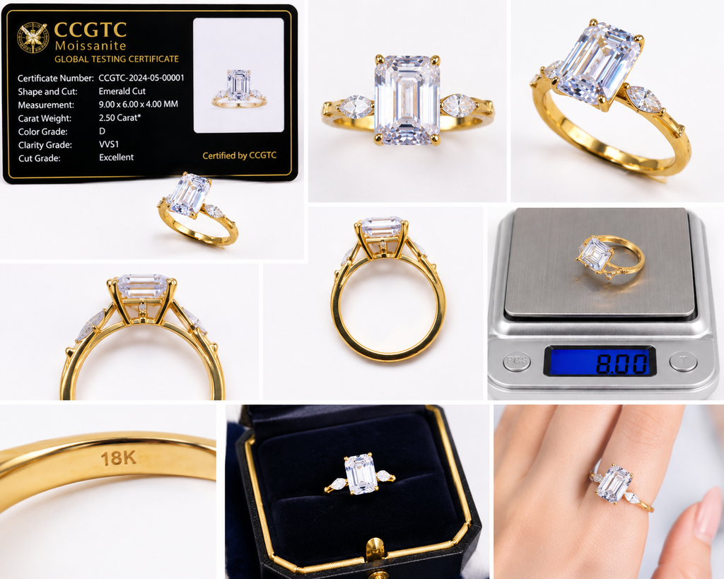 Ring-46--18K Gold Moissanite Ring | Emerald Cut Moissanite Engagement Ring | Certified GR Ring | Fine Jewelry