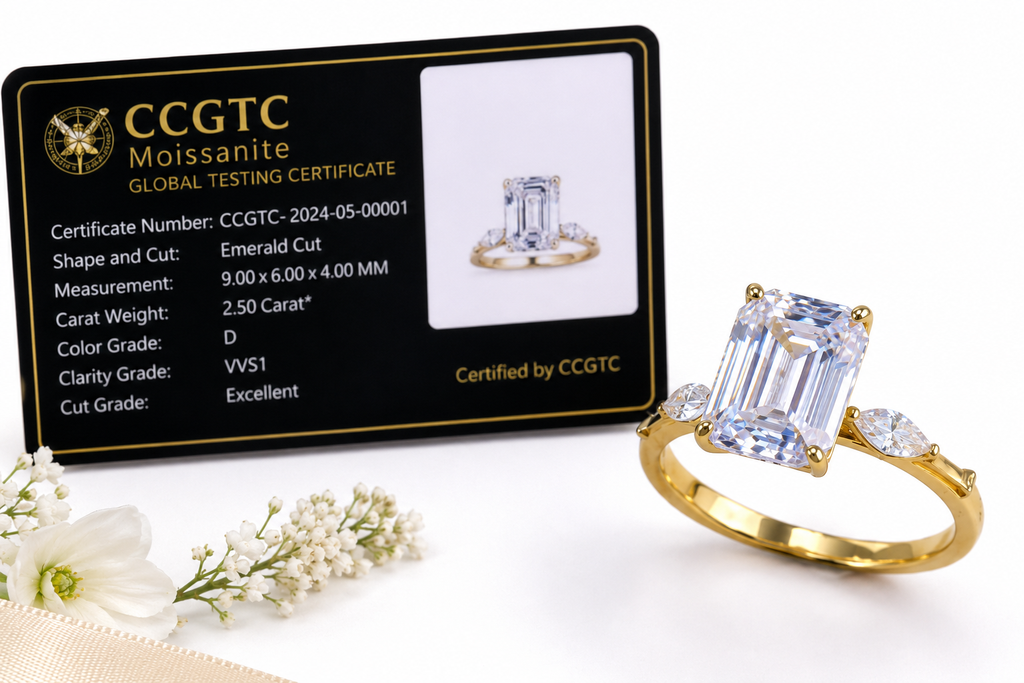 Ring-46--18K Gold Moissanite Ring | Emerald Cut Moissanite Engagement Ring | Certified GR Ring | Fine Jewelry