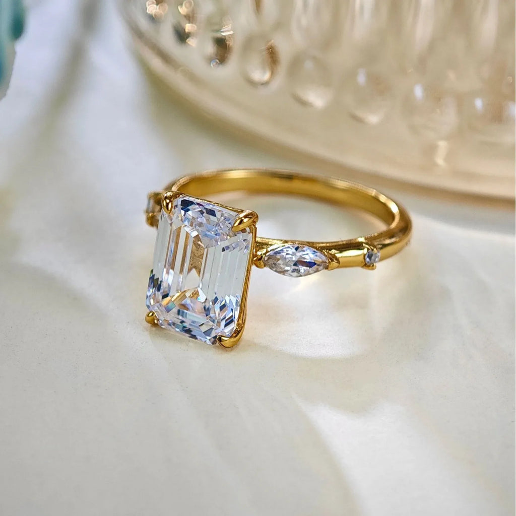 Ring-46--18K Gold Moissanite Ring | Emerald Cut Moissanite Engagement Ring | Certified GR Ring | Fine Jewelry