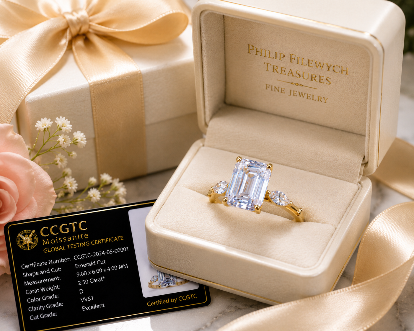 Ring-46--18K Gold Moissanite Ring | Emerald Cut Moissanite Engagement Ring | Certified GR Ring | Fine Jewelry