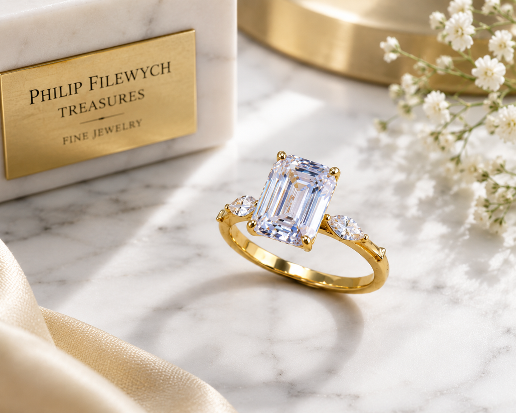 Ring-46--18K Gold Moissanite Ring | Emerald Cut Moissanite Engagement Ring | Certified GR Ring | Fine Jewelry