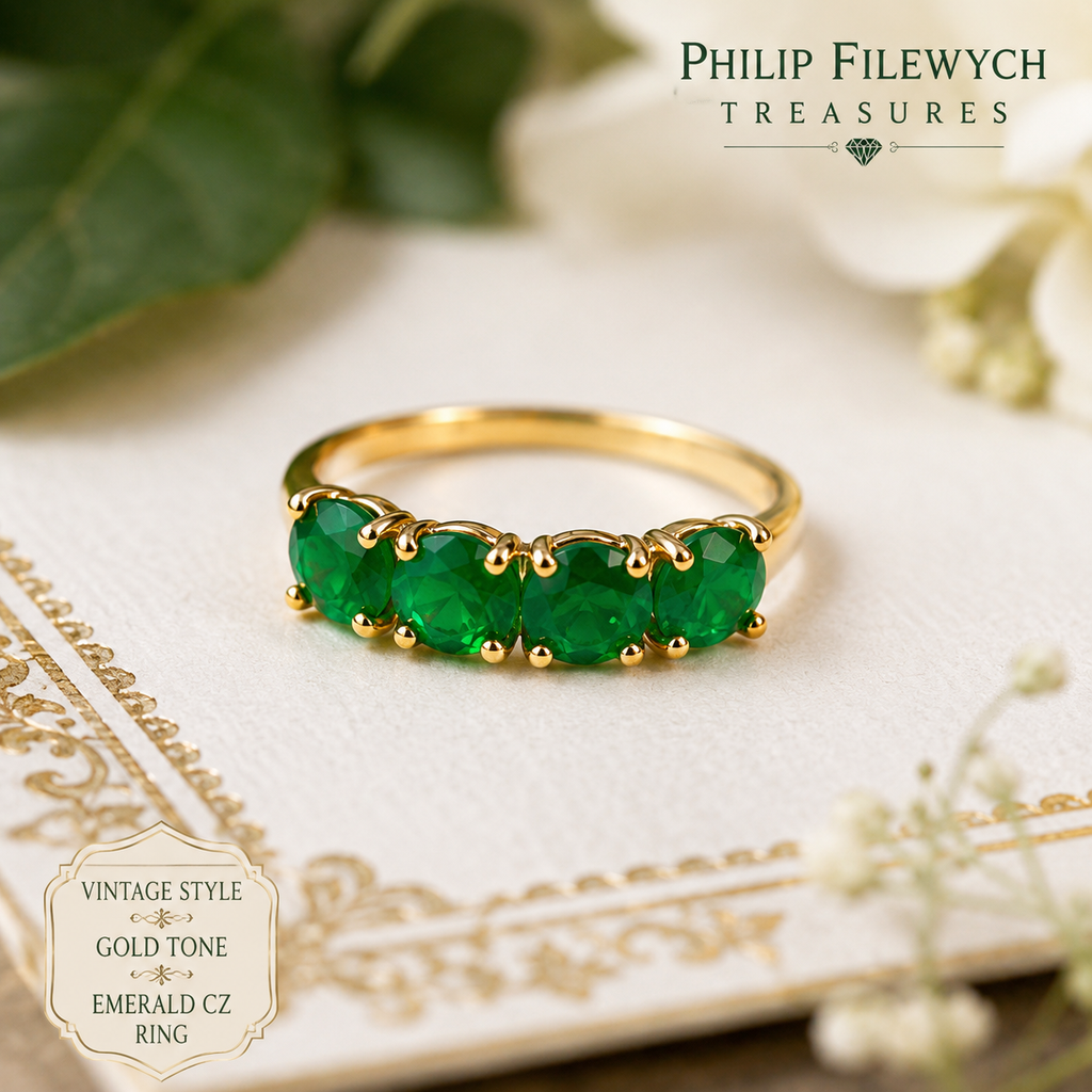 Ring-46--14K Gold 585 Emerald Green CZ Five Stone Cocktail Ring - Size 7