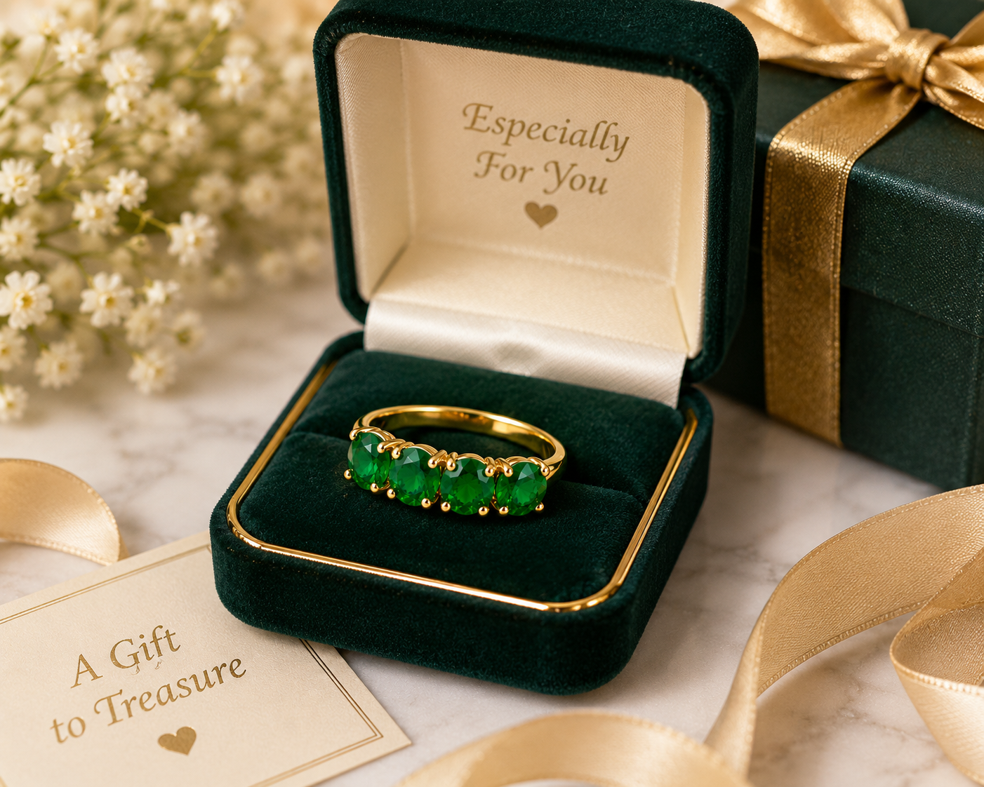 Ring-46--14K Gold 585 Emerald Green CZ Five Stone Cocktail Ring - Size 7