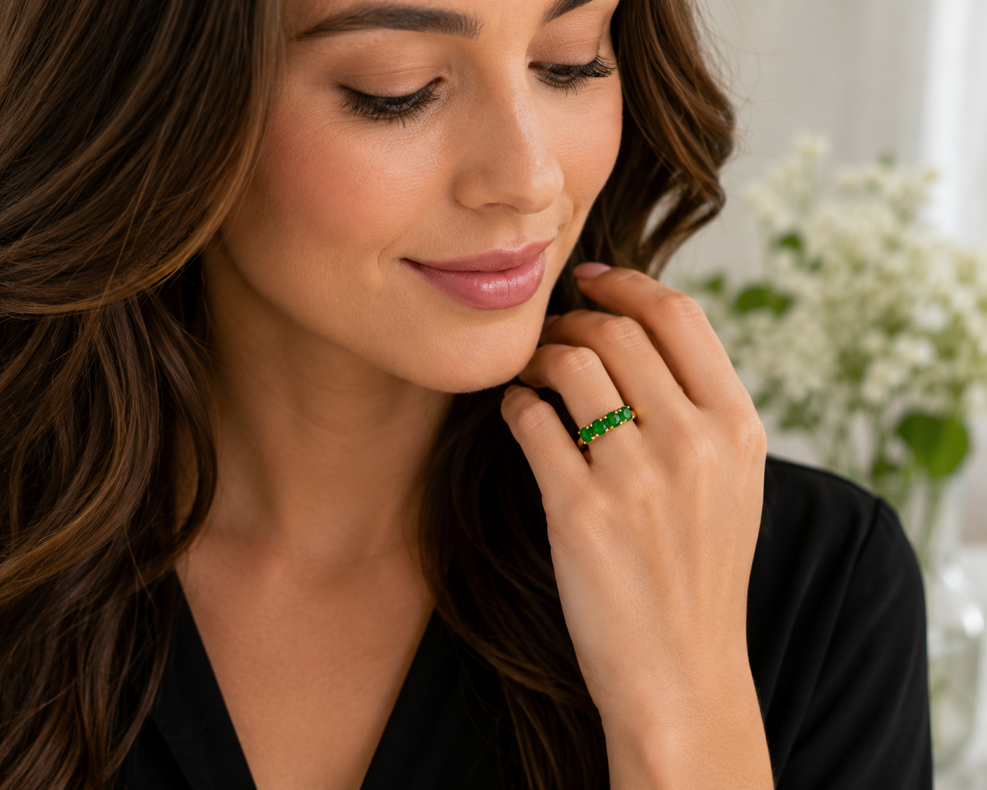 Ring-46--14K Gold 585 Emerald Green CZ Five Stone Cocktail Ring - Size 7