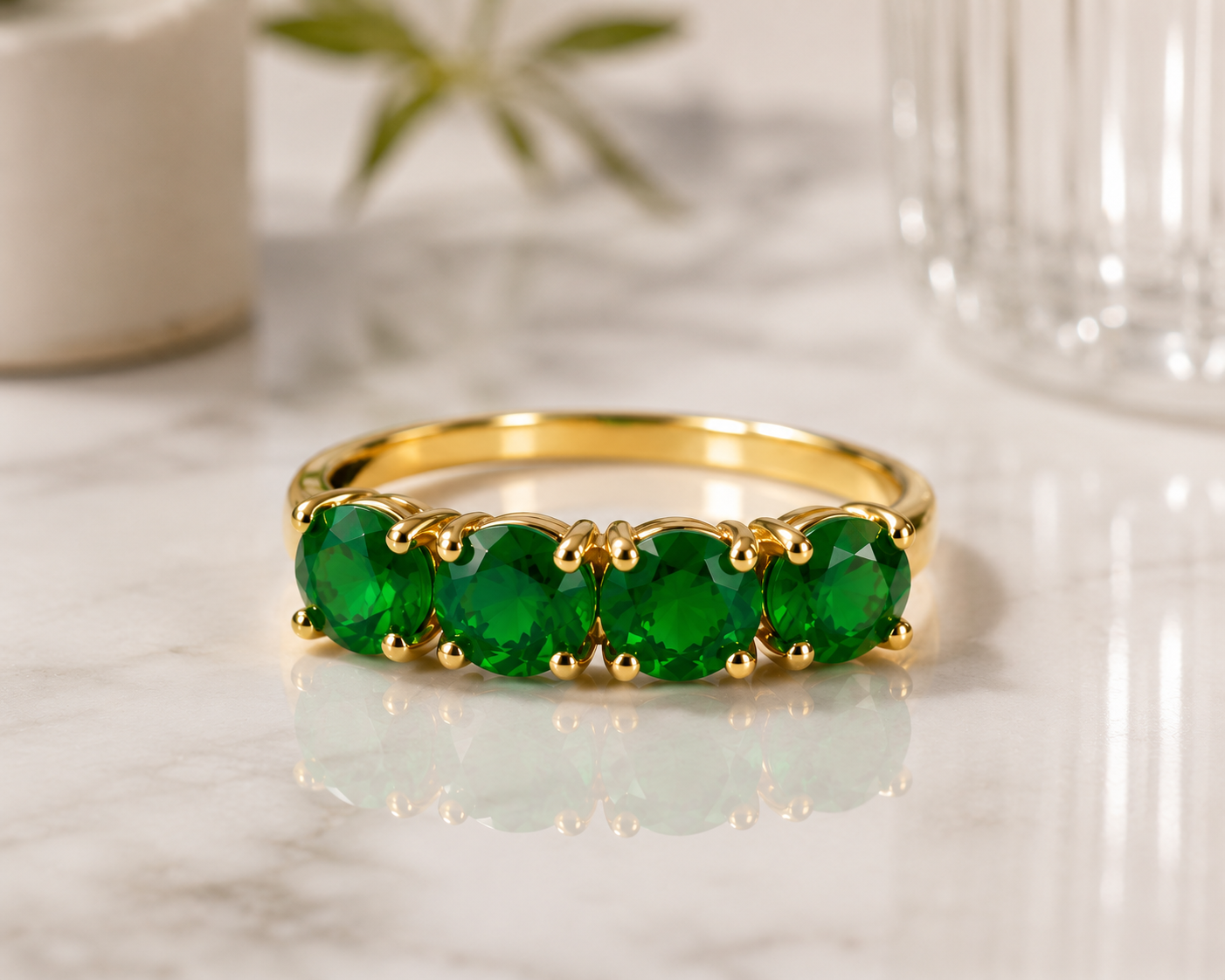 Ring-46--14K Gold 585 Emerald Green CZ Five Stone Cocktail Ring - Size 7