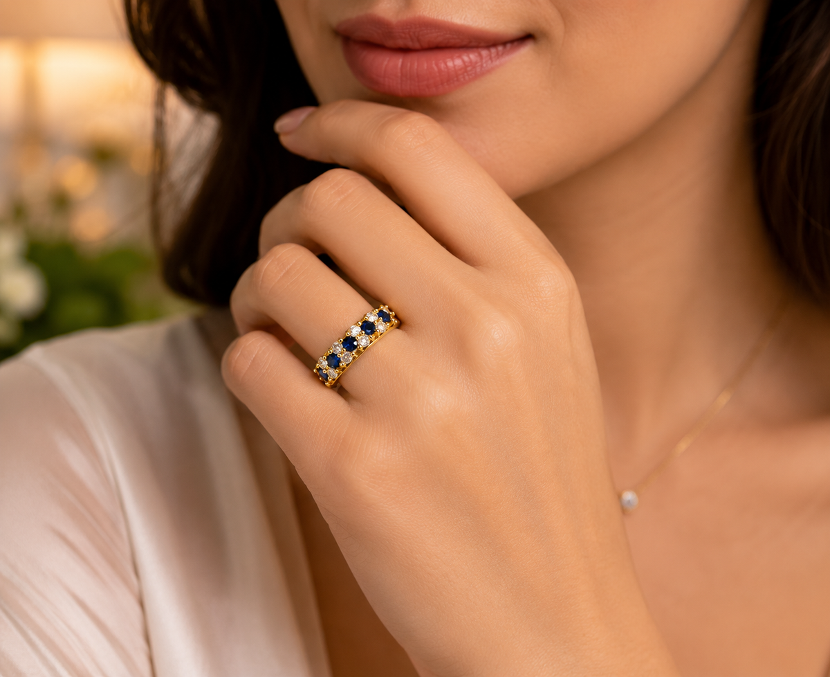 Ring-43A--Vintage Gold Plated Blue & Clear CZ Ring – Size 7