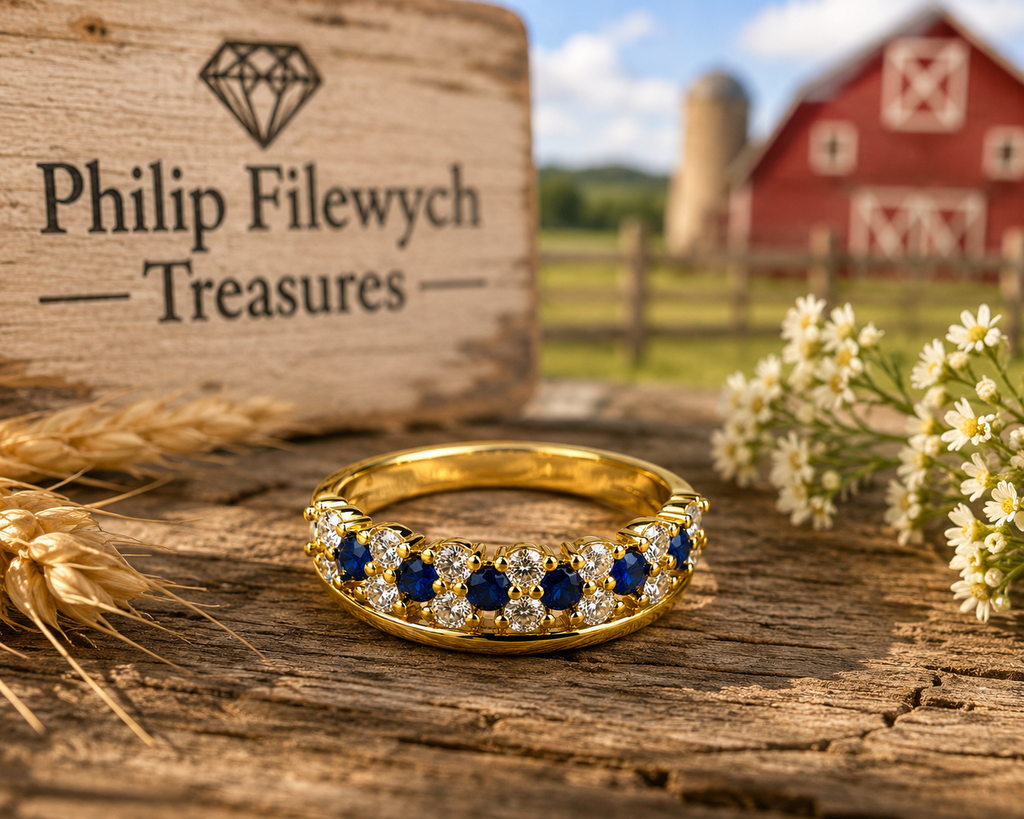 Ring-43A--Vintage Gold Plated Blue & Clear CZ Ring – Size 7