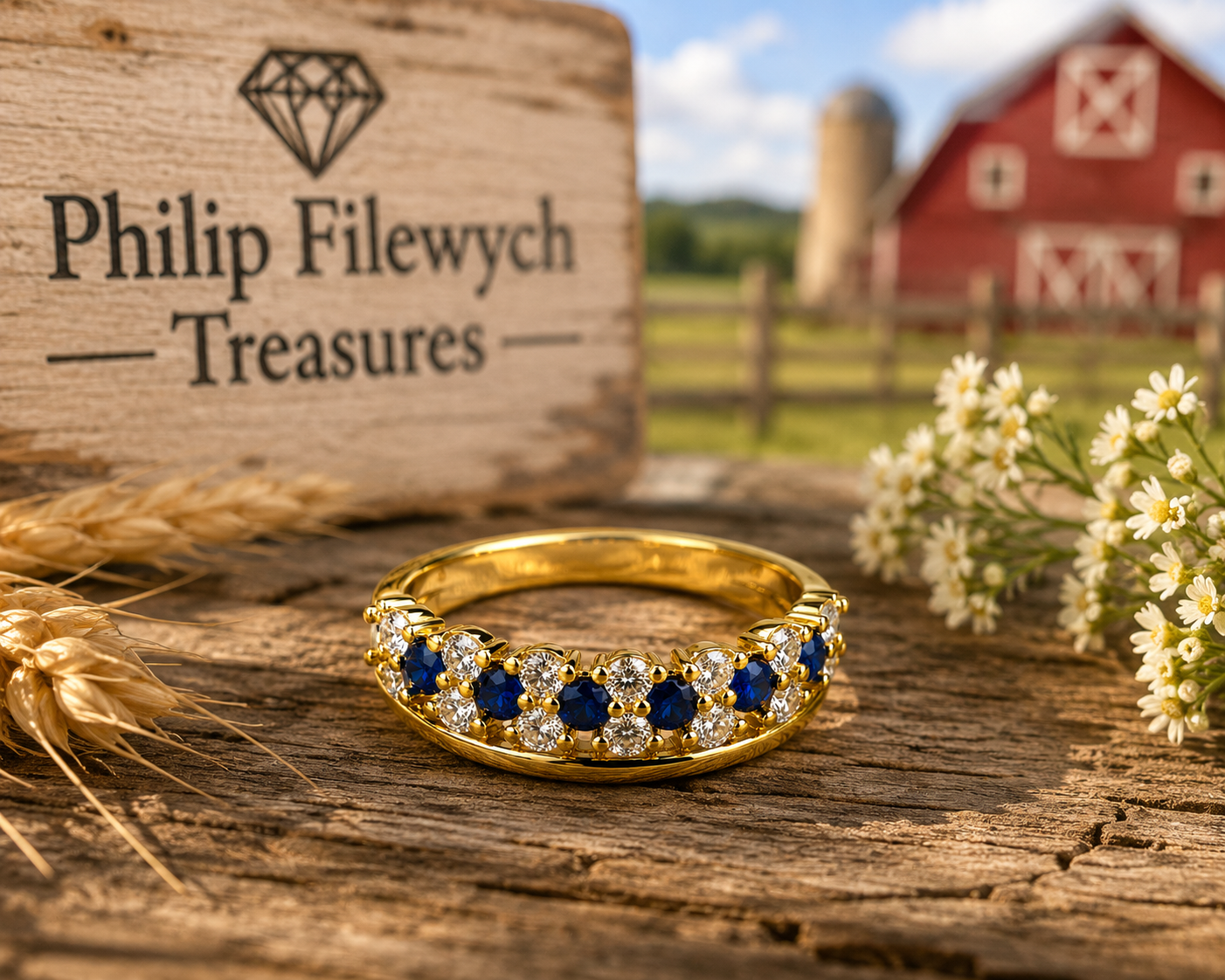 Ring-43A--Vintage Gold Plated Blue & Clear CZ Ring – Size 7