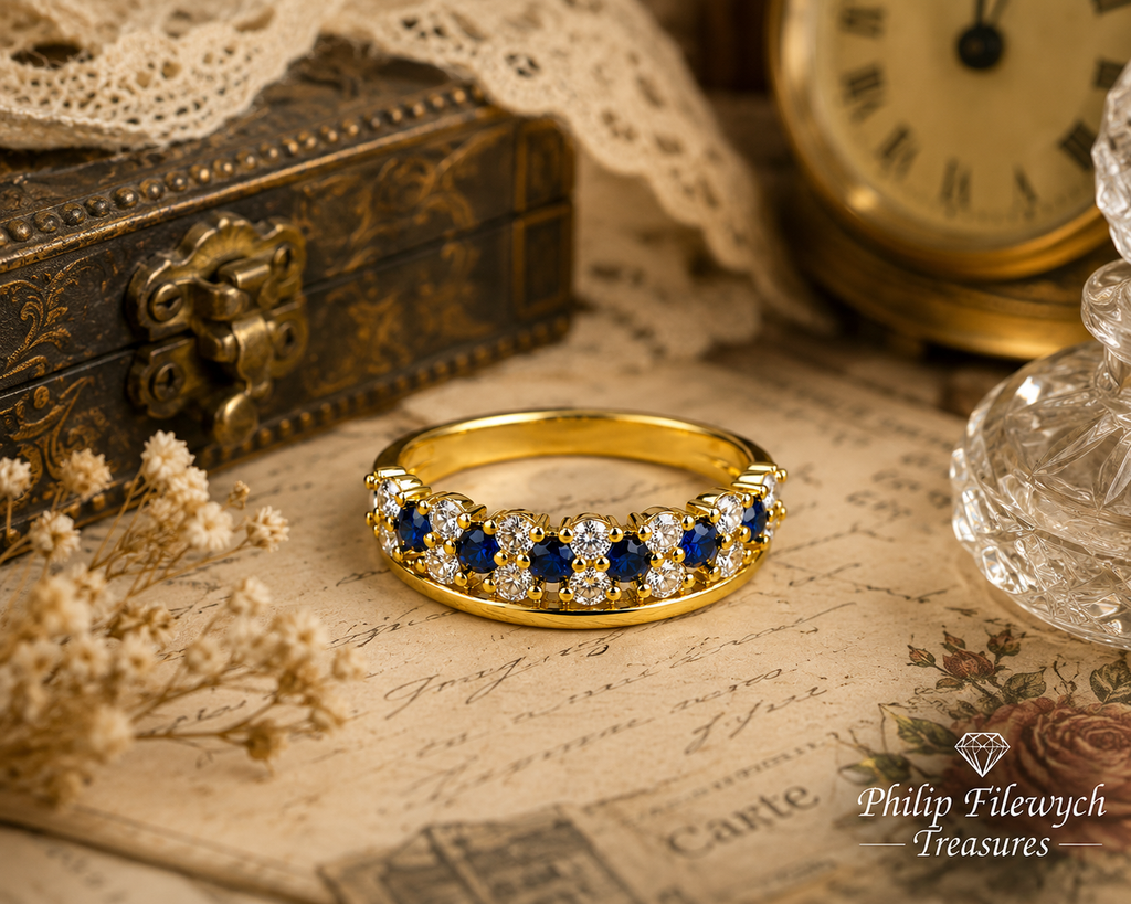 Ring-43A--Vintage Gold Plated Blue & Clear CZ Ring – Size 7