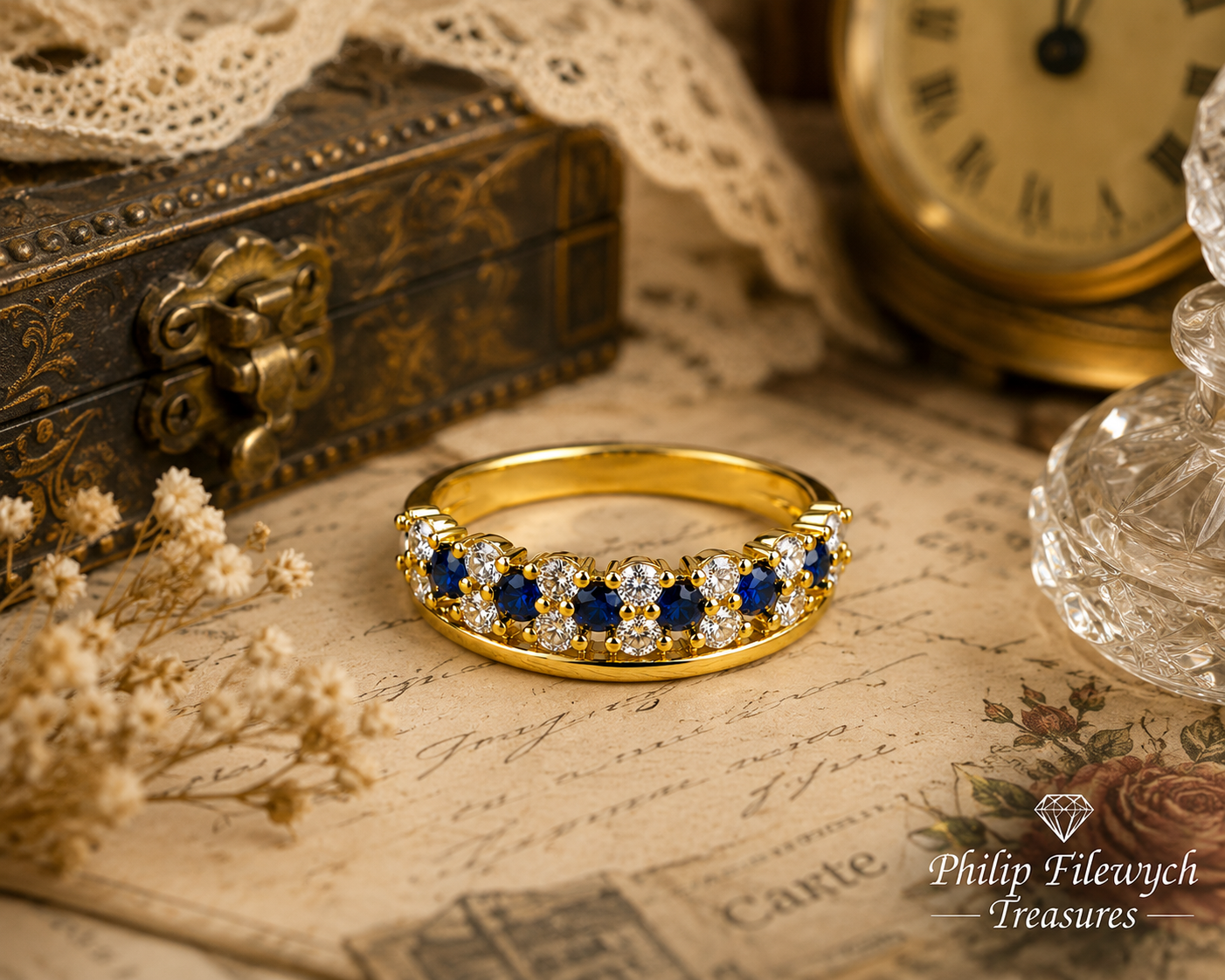 Ring-43A--Vintage Gold Plated Blue & Clear CZ Ring – Size 7