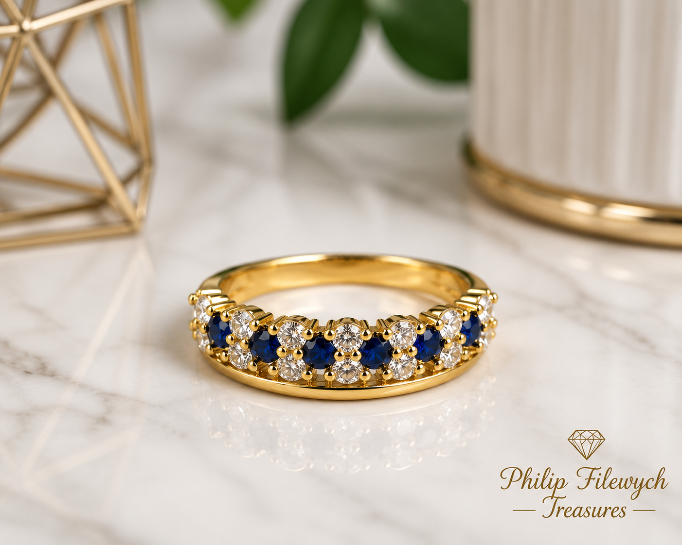 Ring-43A--Vintage Gold Plated Blue & Clear CZ Ring – Size 7