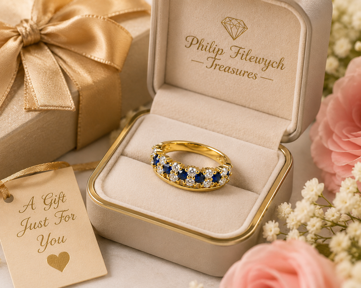 Ring-43A--Vintage Gold Plated Blue & Clear CZ Ring – Size 7
