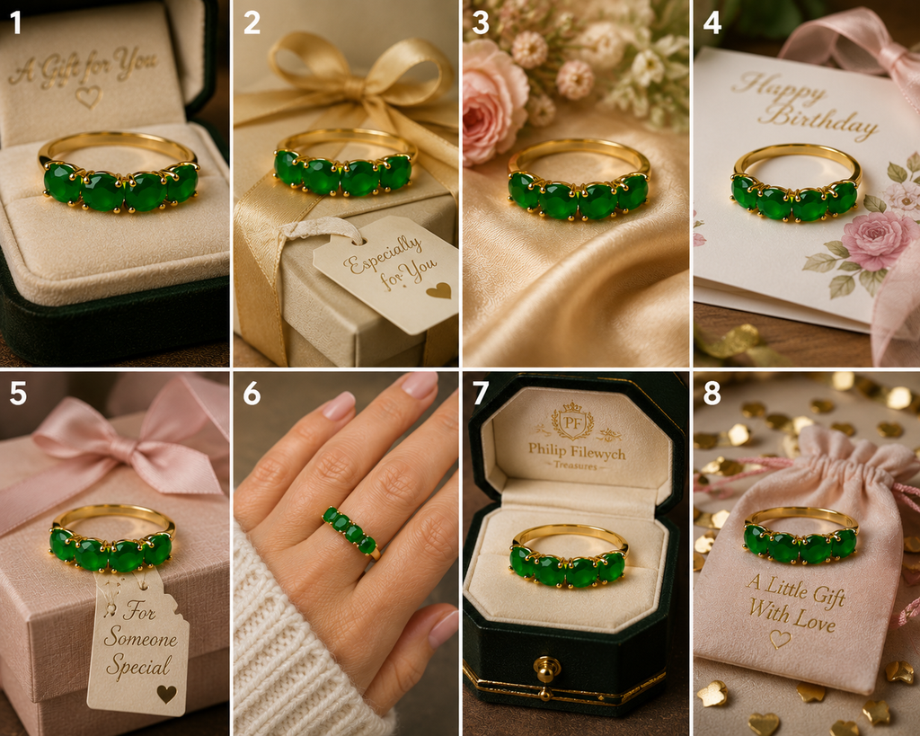 Ring-44 Vintage Style 14K Gold Tone Ring with 4 Emerald Green CZ Stones | Size 9 | Elegant Fashion Cocktail Ringce