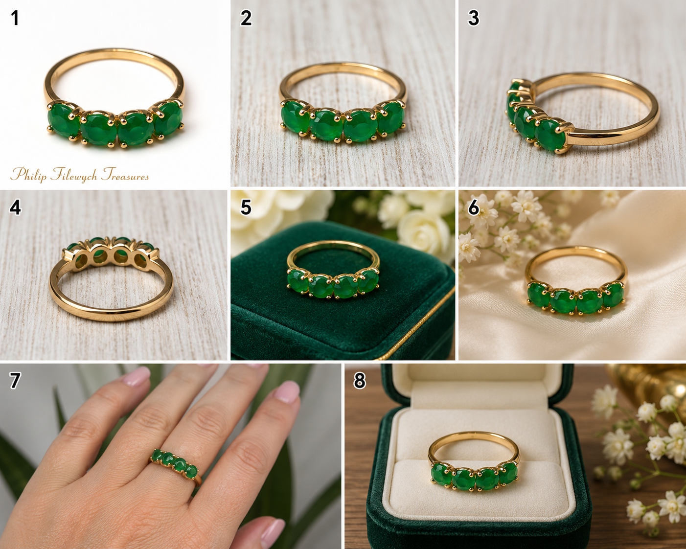 Ring-44 Vintage Style 14K Gold Tone Ring with 4 Emerald Green CZ Stones | Size 9 | Elegant Fashion Cocktail Ringce