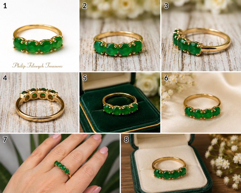 Ring-44 Vintage Style 14K Gold Tone Ring with 4 Emerald Green CZ Stones | Size 9 | Elegant Fashion Cocktail Ringce