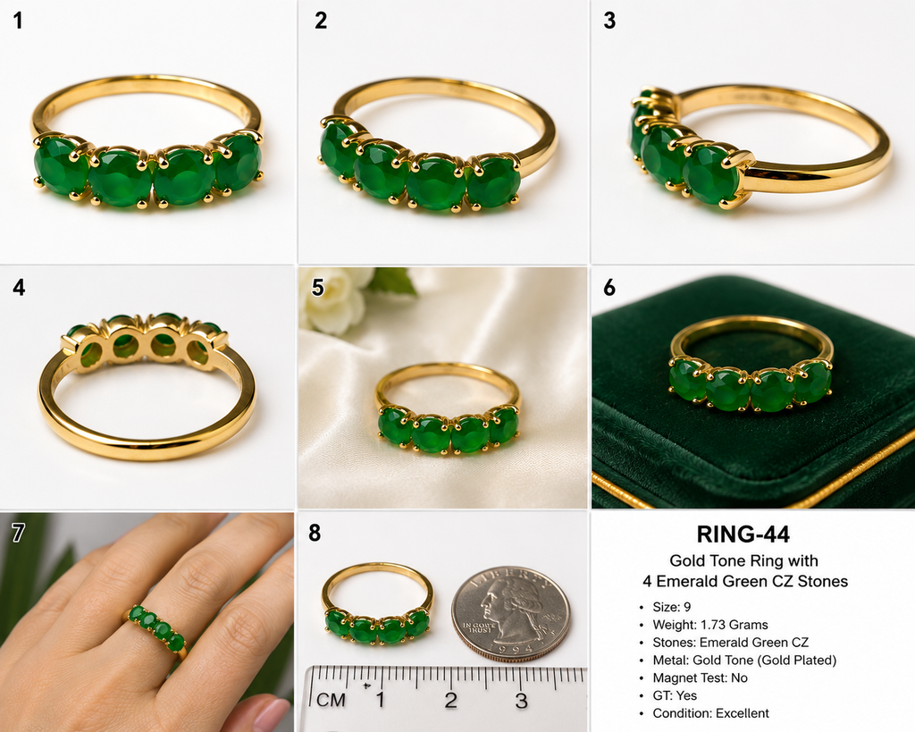 Ring-44 Vintage Style 14K Gold Tone Ring with 4 Emerald Green CZ Stones | Size 9 | Elegant Fashion Cocktail Ringce