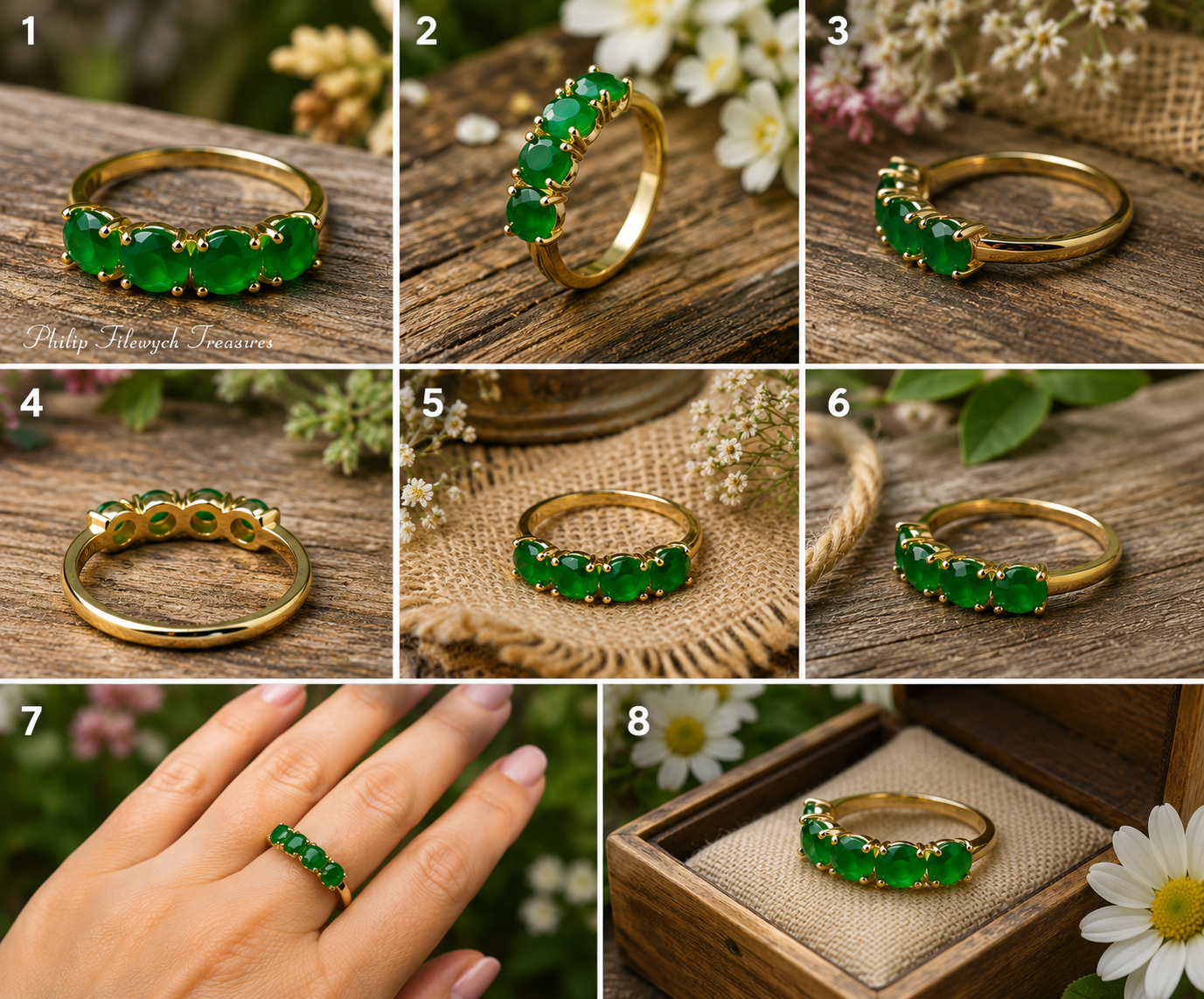 Ring-44 Vintage Style 14K Gold Tone Ring with 4 Emerald Green CZ Stones | Size 9 | Elegant Fashion Cocktail Ringce