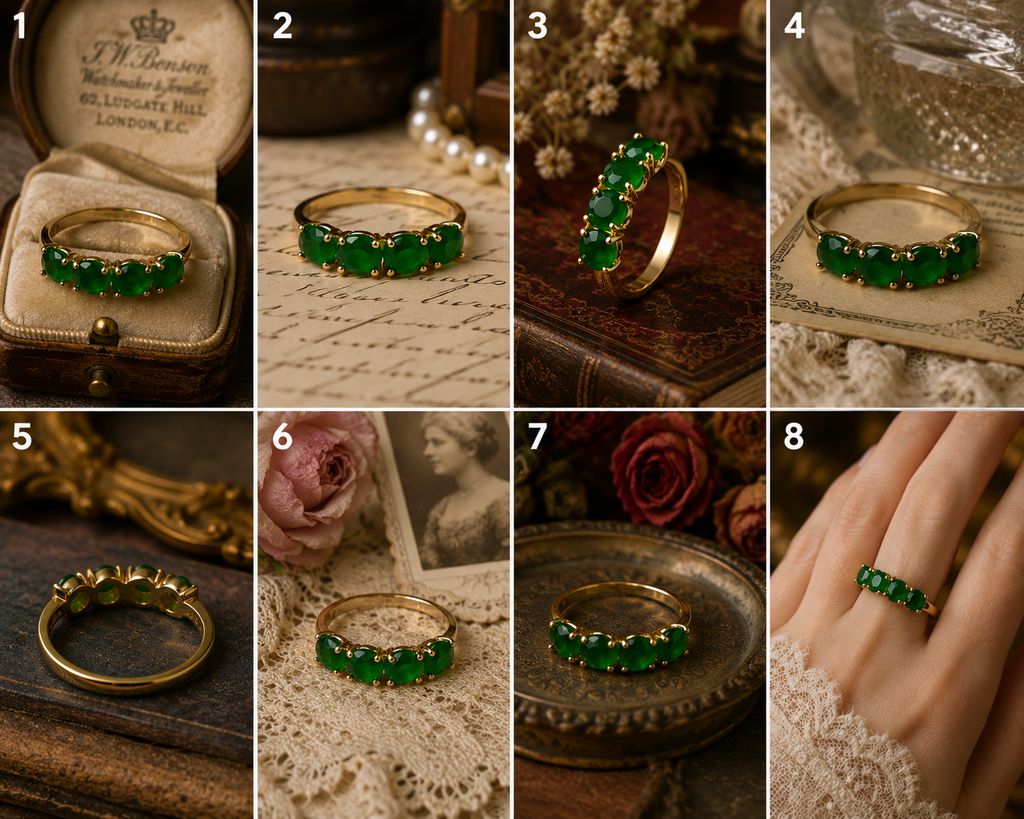 Ring-44 Vintage Style 14K Gold Tone Ring with 4 Emerald Green CZ Stones | Size 9 | Elegant Fashion Cocktail Ringce