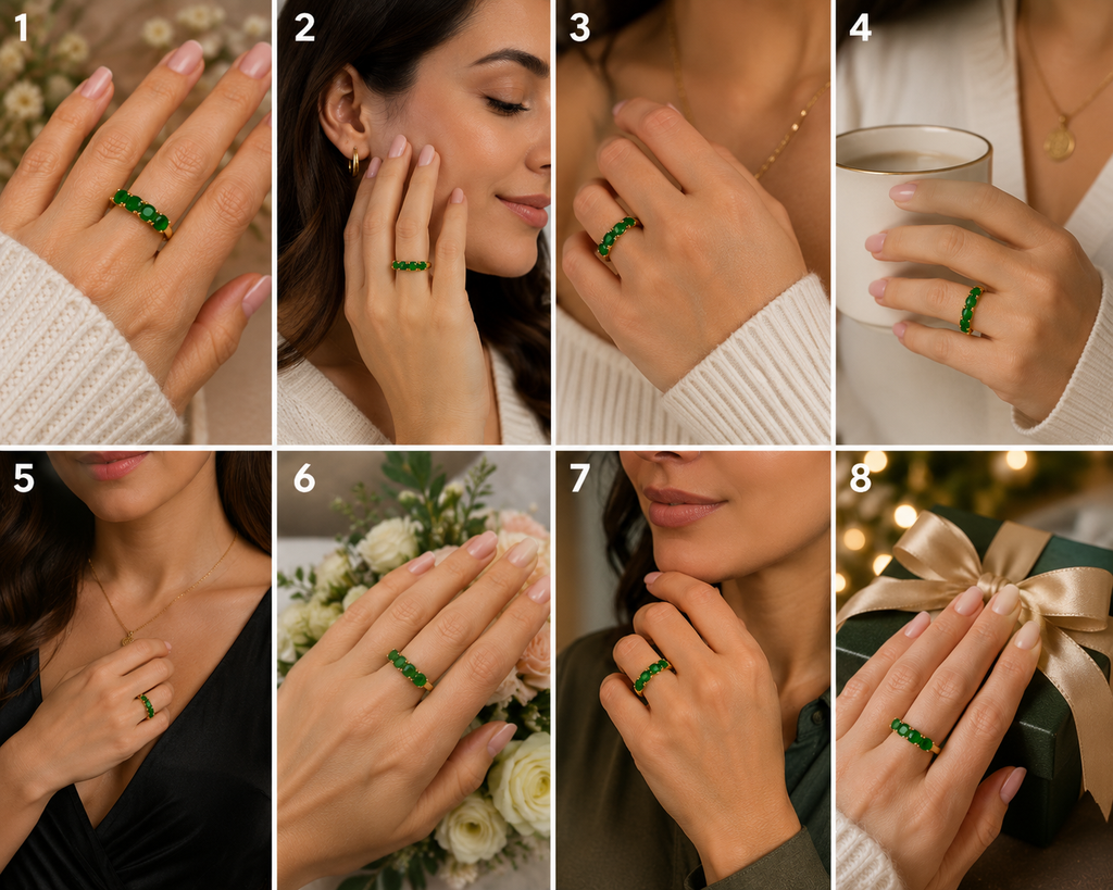 Ring-44 Vintage Style 14K Gold Tone Ring with 4 Emerald Green CZ Stones | Size 9 | Elegant Fashion Cocktail Ringce