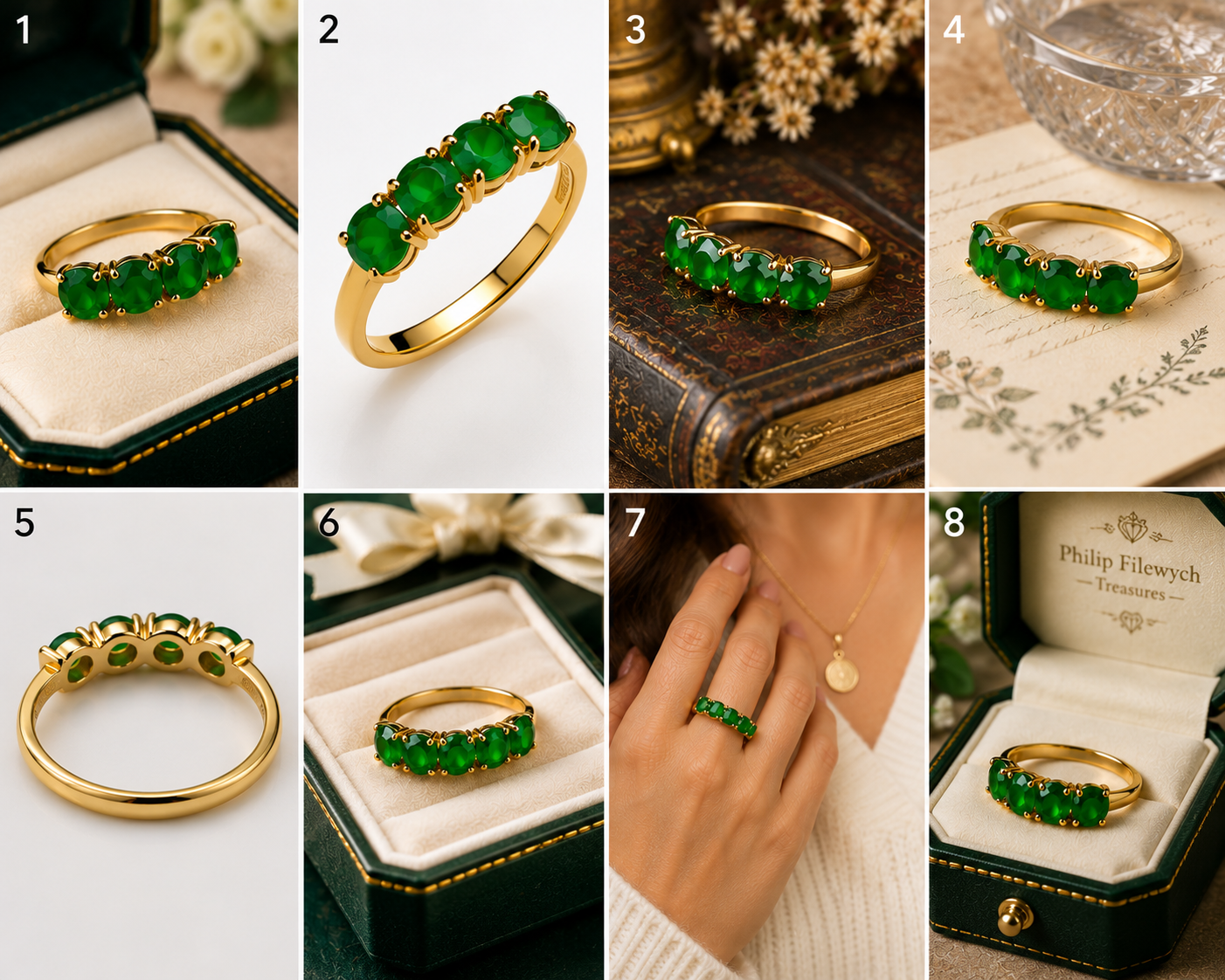 Ring-44 Vintage Style 14K Gold Tone Ring with 4 Emerald Green CZ Stones | Size 9 | Elegant Fashion Cocktail Ringce