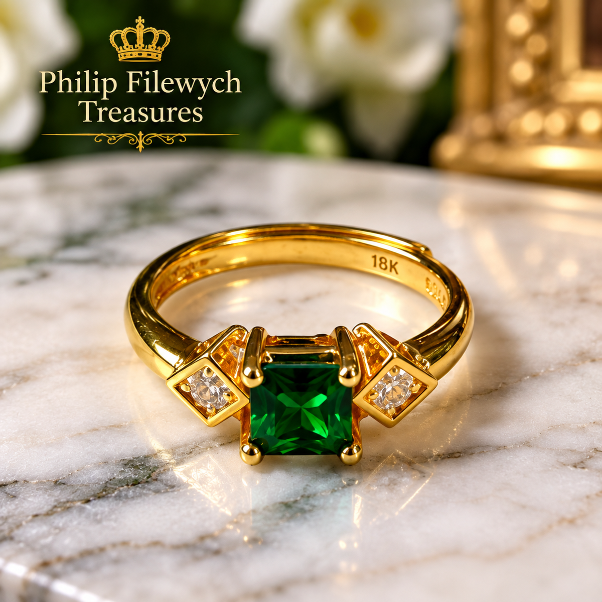 Ring-45--18K Yellow Gold Ring with Green Center Gemstone & Two Side Stones – Resizable – 3 g