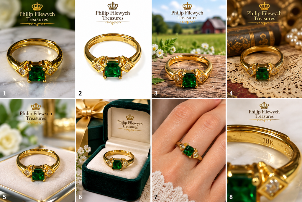 Ring-45--18K Yellow Gold Ring with Green Center Gemstone & Two Side Stones – Resizable – 3 g