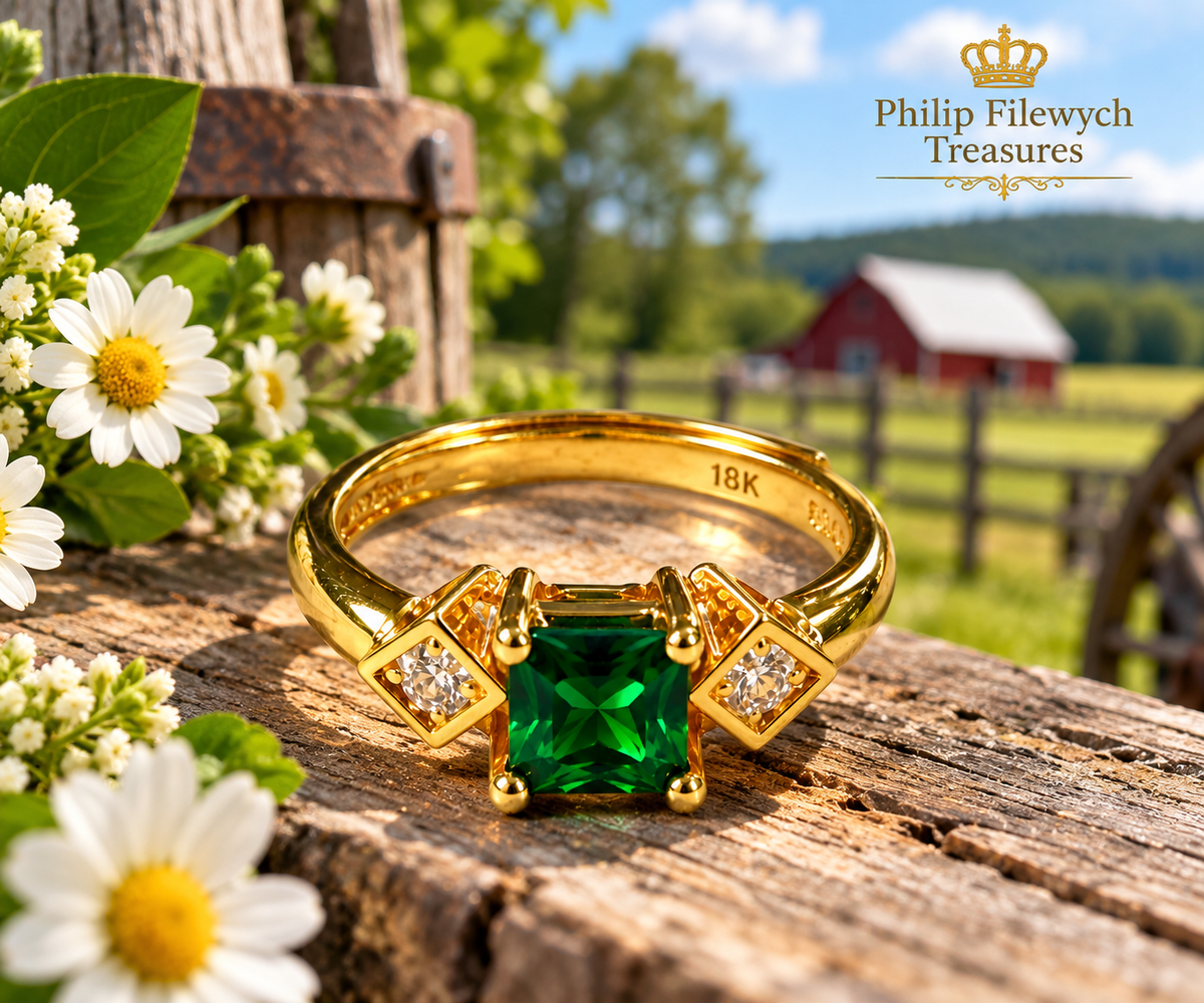 Ring-45--18K Yellow Gold Ring with Green Center Gemstone & Two Side Stones – Resizable – 3 g