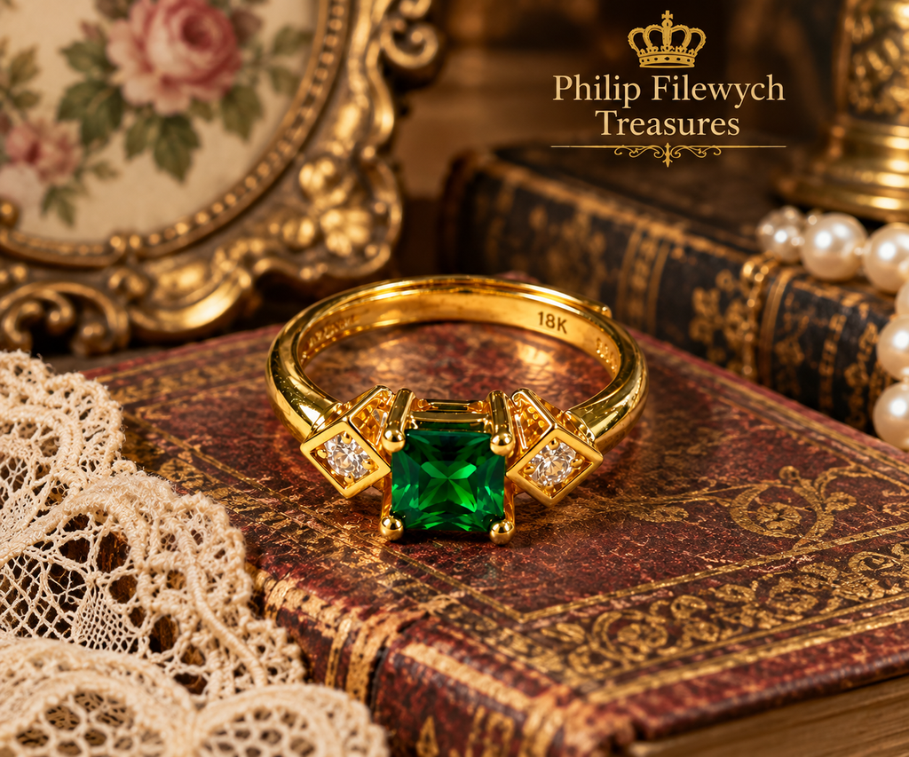 Ring-45--18K Yellow Gold Ring with Green Center Gemstone & Two Side Stones – Resizable – 3 g