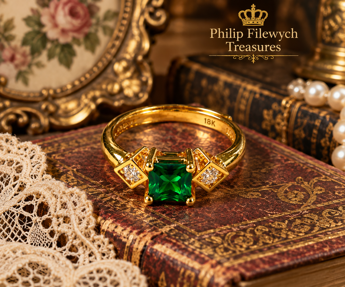 Ring-45--18K Yellow Gold Ring with Green Center Gemstone & Two Side Stones – Resizable – 3 g