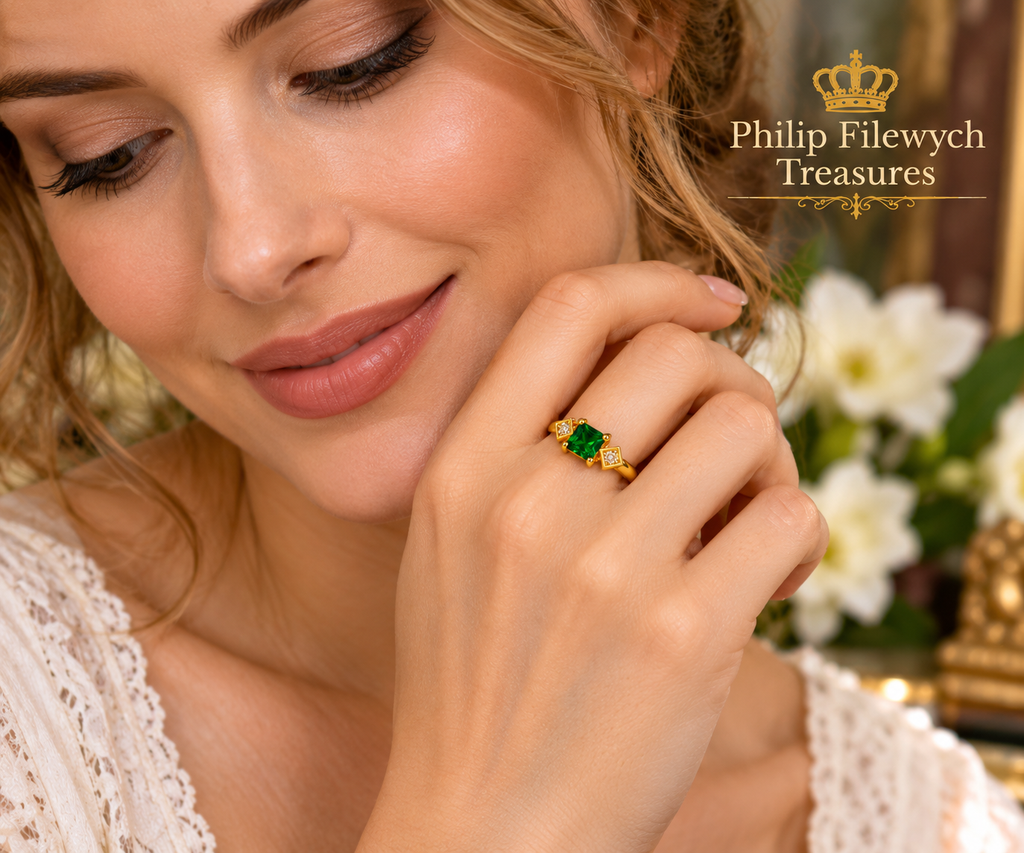 Ring-45--18K Yellow Gold Ring with Green Center Gemstone & Two Side Stones – Resizable – 3 g