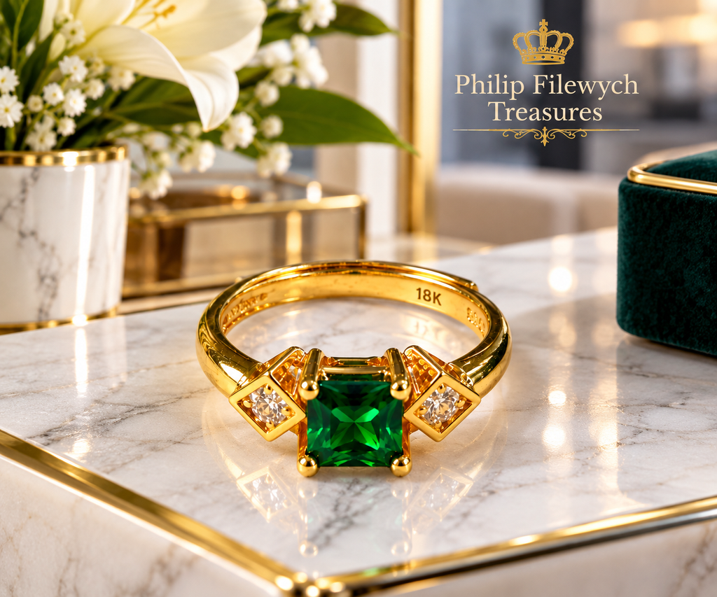 Ring-45--18K Yellow Gold Ring with Green Center Gemstone & Two Side Stones – Resizable – 3 g